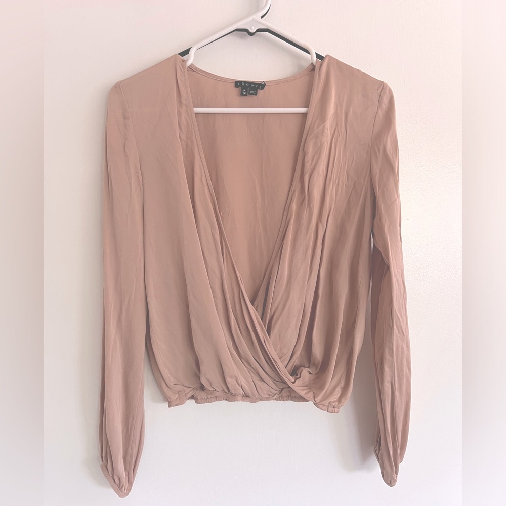 Blush Pink Theory 100% Silk Blouse Long Sleeve Top S